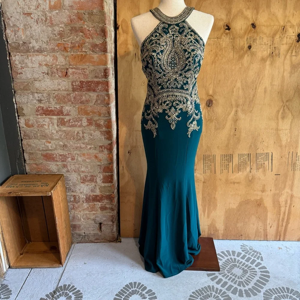 Xscape Halter Neck Gold Lace Bodice Mermaid Green Prom Dress Sz 0 - Picture 1 of 8